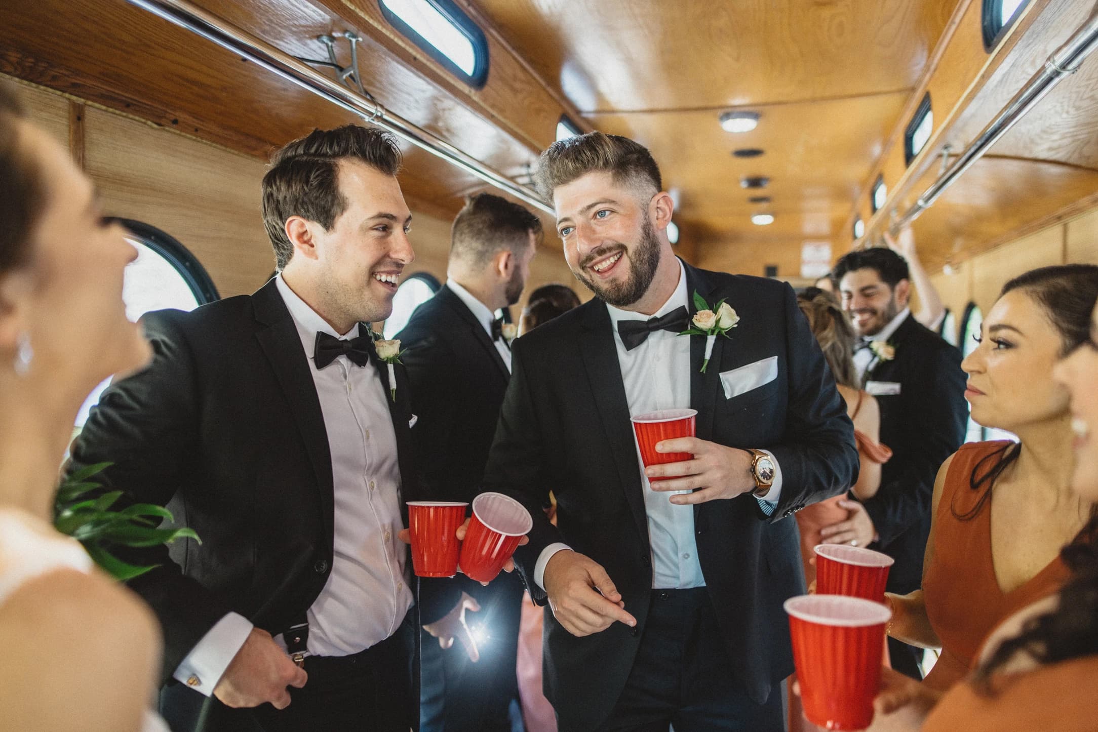 Bridal party inside Miami trolley
